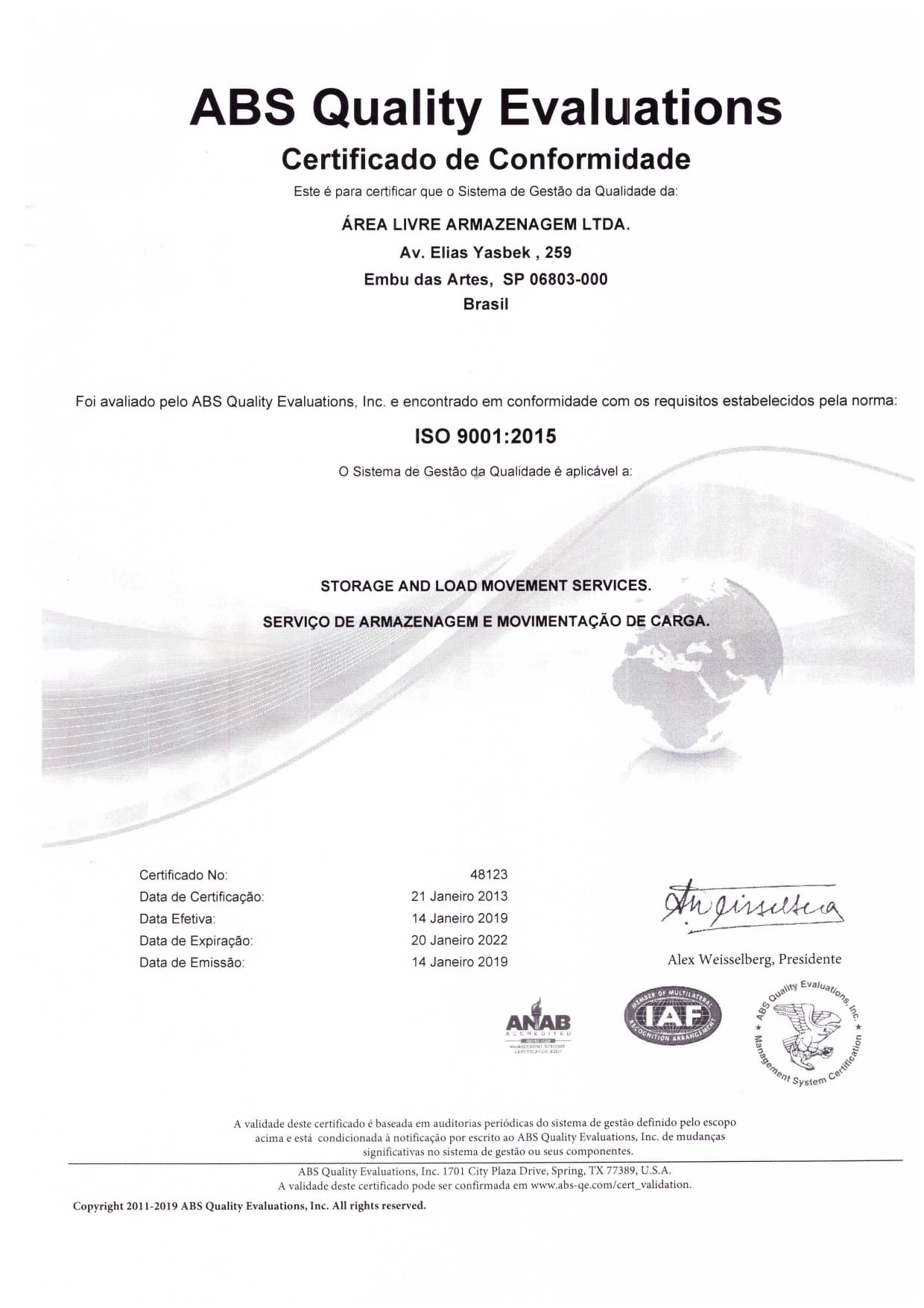 Certificado iso Area Livre